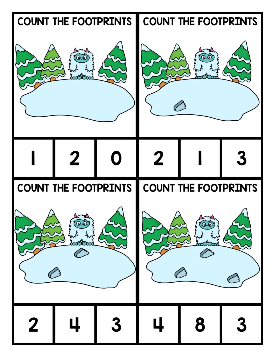 Count the footprints clip cards: students count 0 to 3 yeti footprints on a frozen pond and clip the matching number