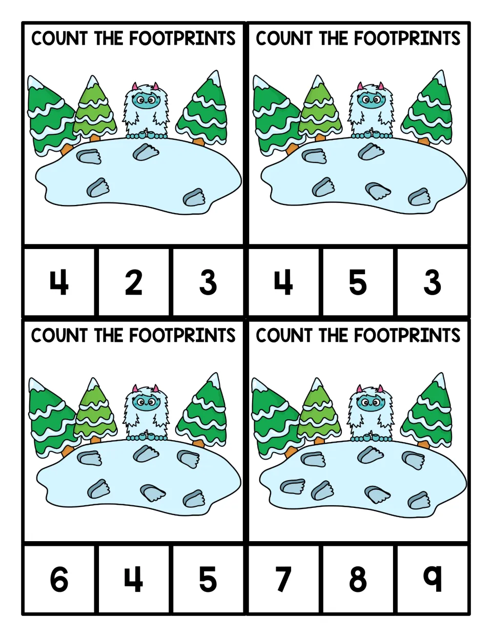 Yeti footprint counting cards for 4 to 7: students count prints on the ice and clip the correct number from three choices