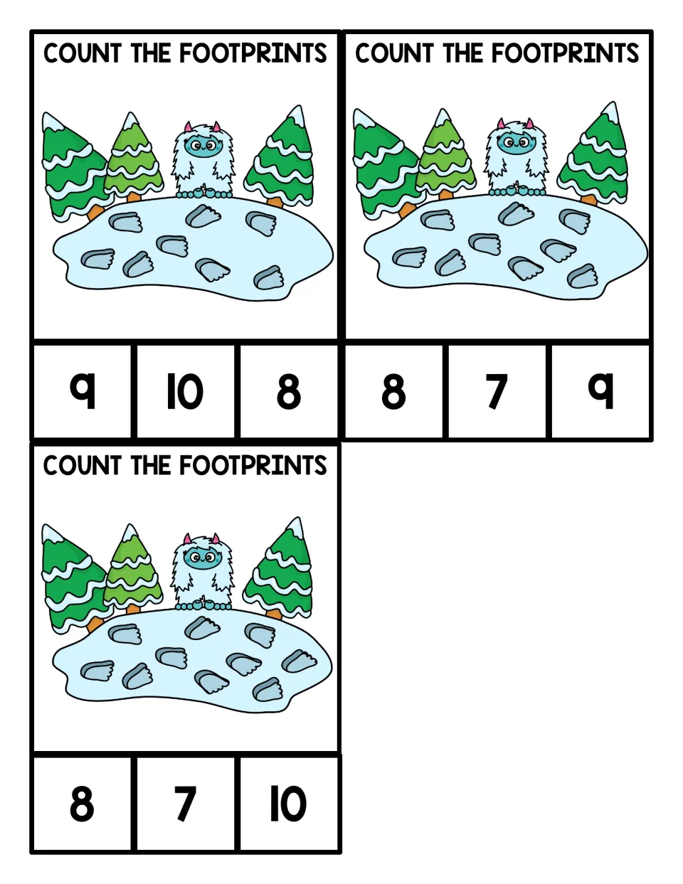 Counting 8 to 10: three yeti cards where students count footprints on a frozen pond and clip the matching numeral