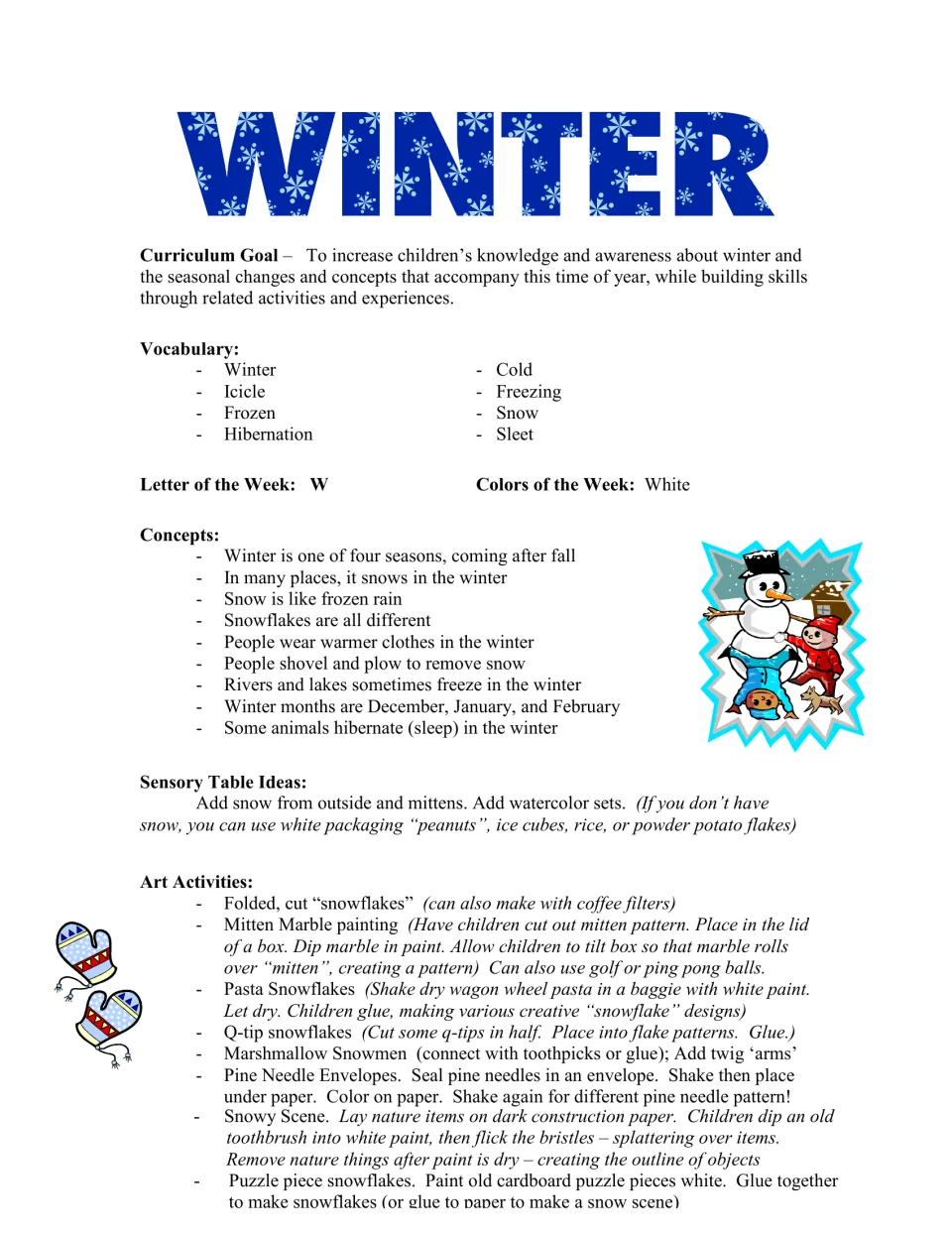 Winter curriculum introduction lists seasonal vocabulary, letter W, color white, sensory ideas, and art activities