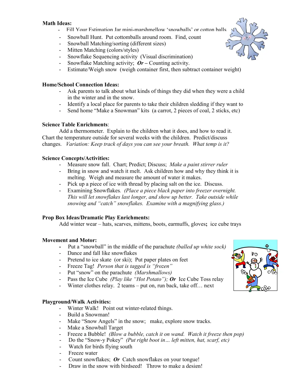 Winter planning ideas cover math, family connections, science, dramatic play, movement, and outdoor activities