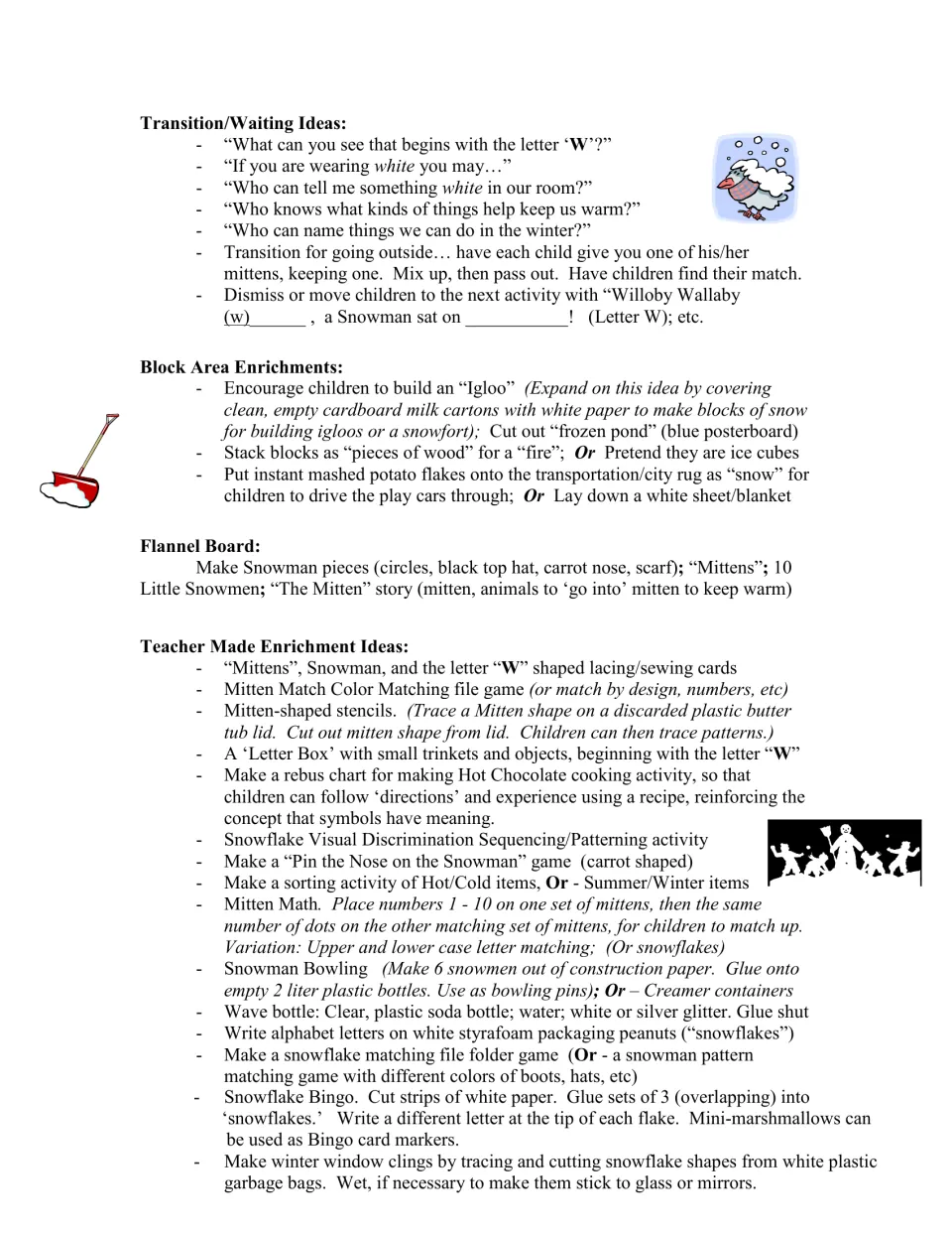Winter guide offers transition prompts, block area ideas, flannel board stories, and teacher-made matching games