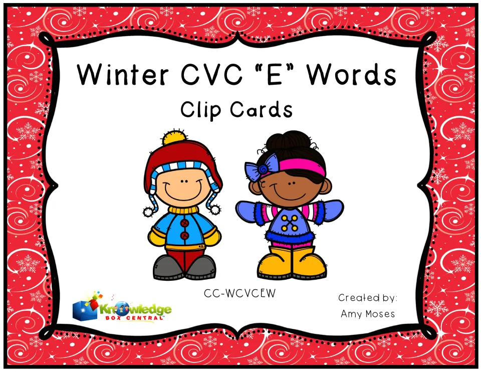 Cover of Winter CVC "E" Words Clip Cards by Amy Moses, showing two smiling kids in hats, coats and boots