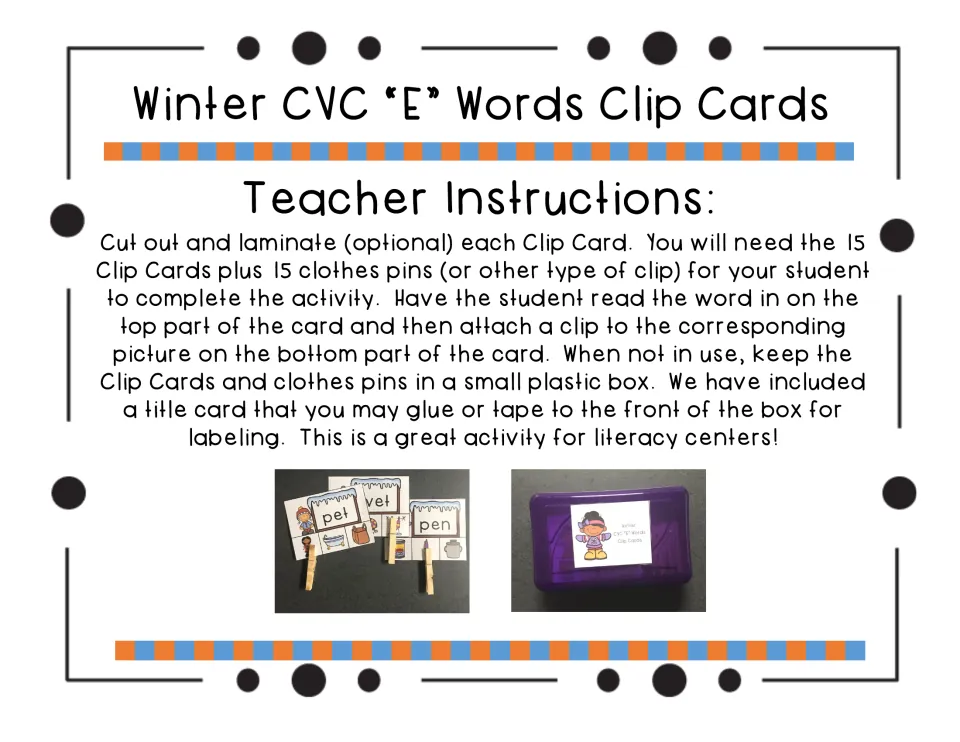 Teacher instructions: cut out and laminate 15 clip cards, gather 15 clothespins, store in a box with the title card