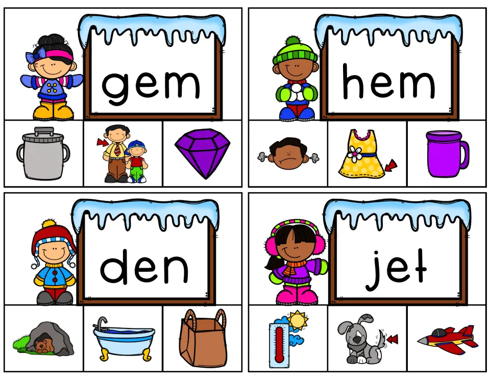 Short e clip cards for gem, hem, den and jet: students read each word and clip the matching picture from three choices