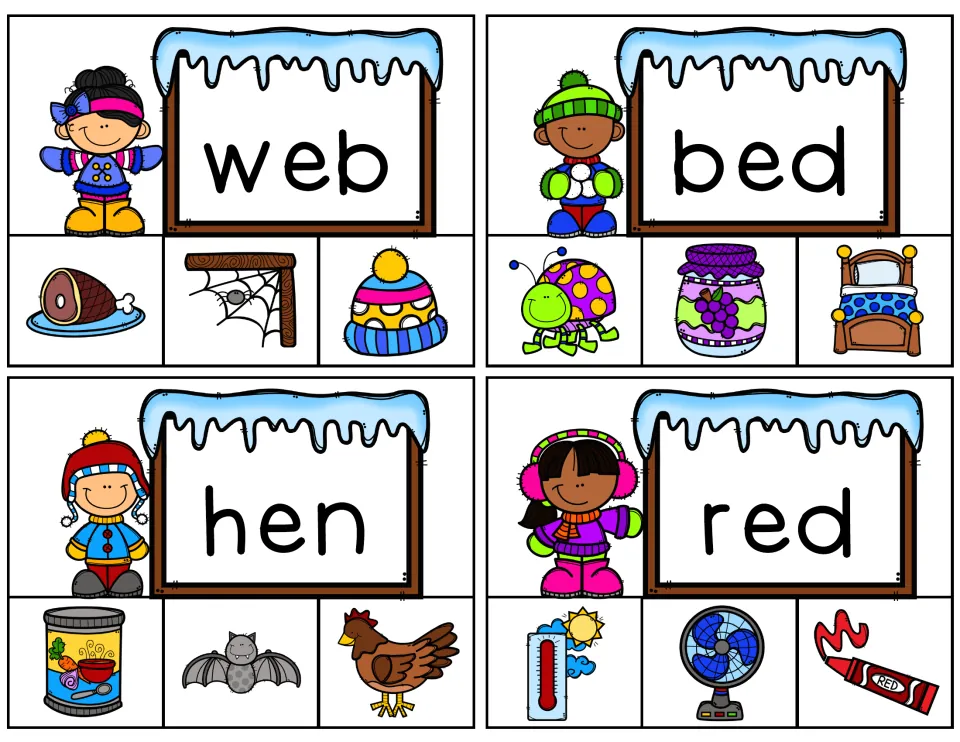 Short e clip cards for web, bed, hen and red: students read the word and pick the matching picture, such as a spider web