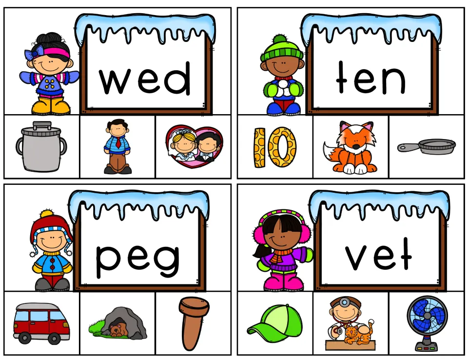 Short e clip cards for wed, ten, peg and vet: students read each word and clip its picture, like the number 10