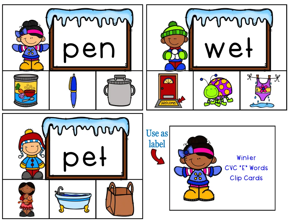 Last short e clip cards for pen, wet and pet, plus a box label card showing a girl in a winter sweater and the set name