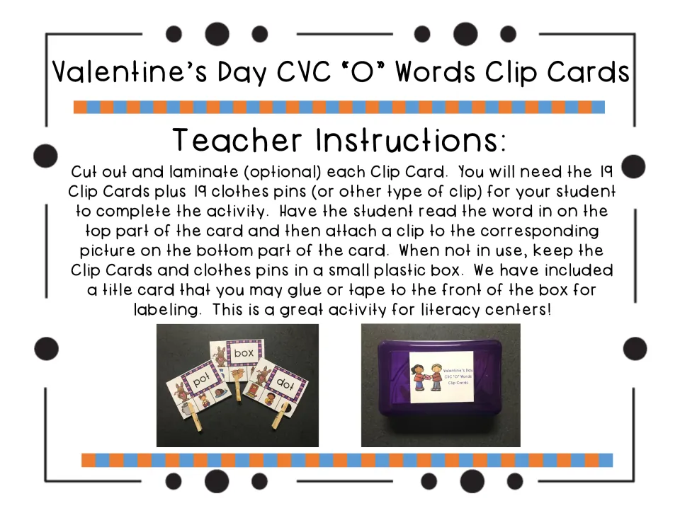 Teacher instructions for preparing 19 clip cards, matching words to pictures with clothespins, and storage
