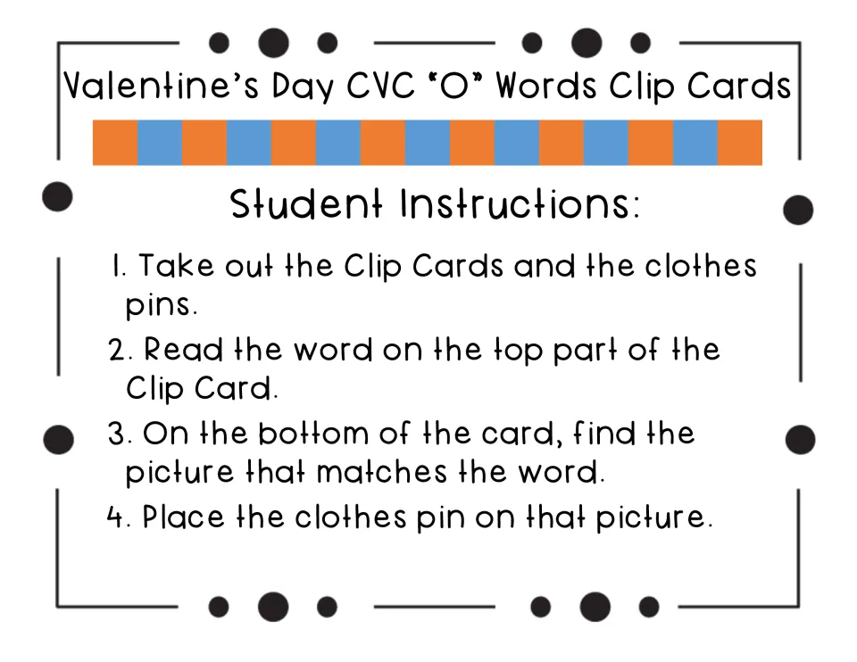 Student instructions: take out the clip cards, read each word, find its matching picture, and clip it