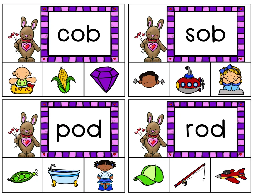 Short-o clip cards 1–4 feature cob, sob, pod, and rod, each with three picture choices for word matching