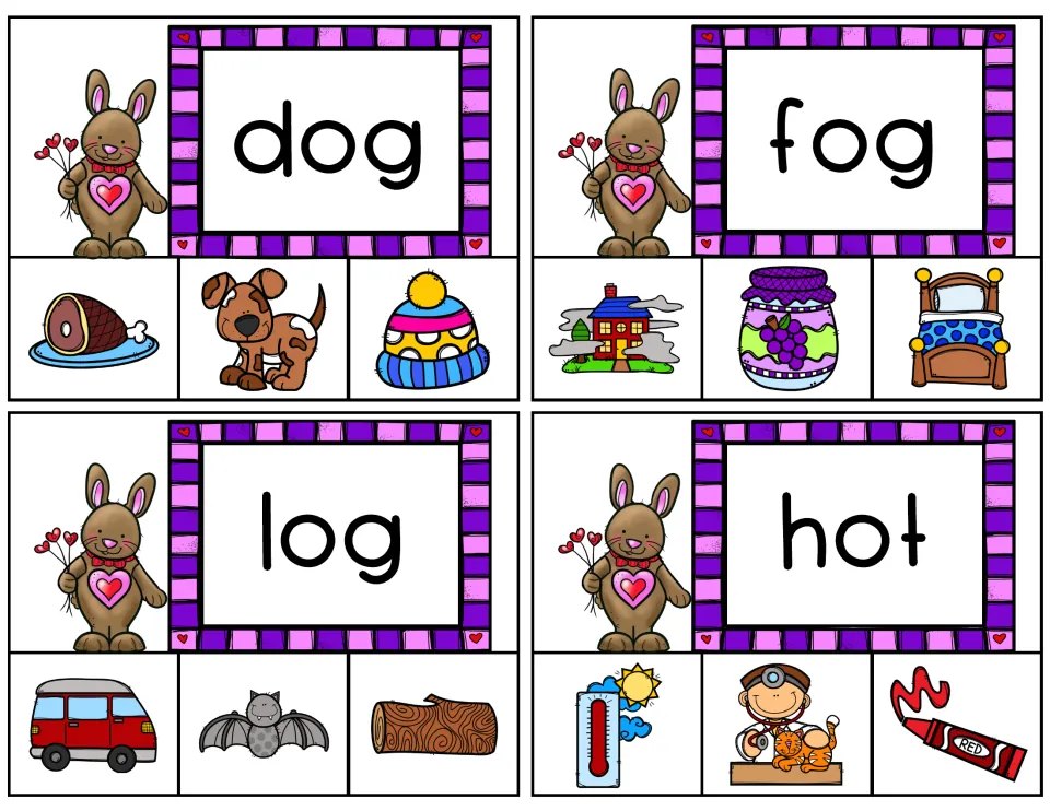 Short-o clip cards 5–8 feature dog, fog, log, and hot, each with three picture choices for word matching