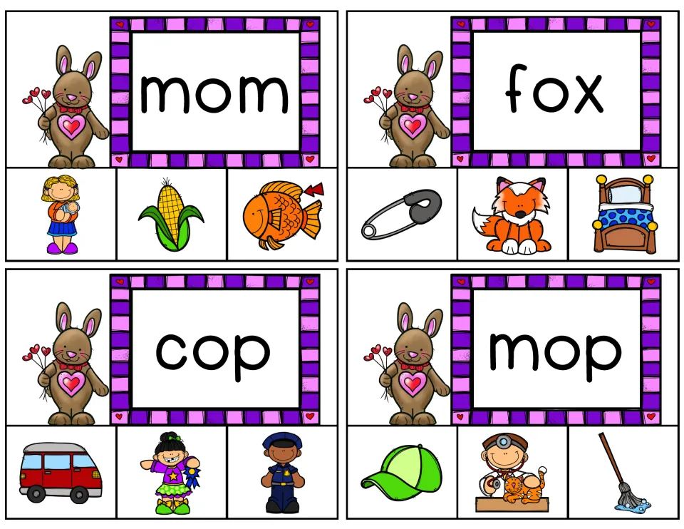 Short-o clip cards 9–12 feature mom, fox, cop, and mop, each with three picture choices for word matching