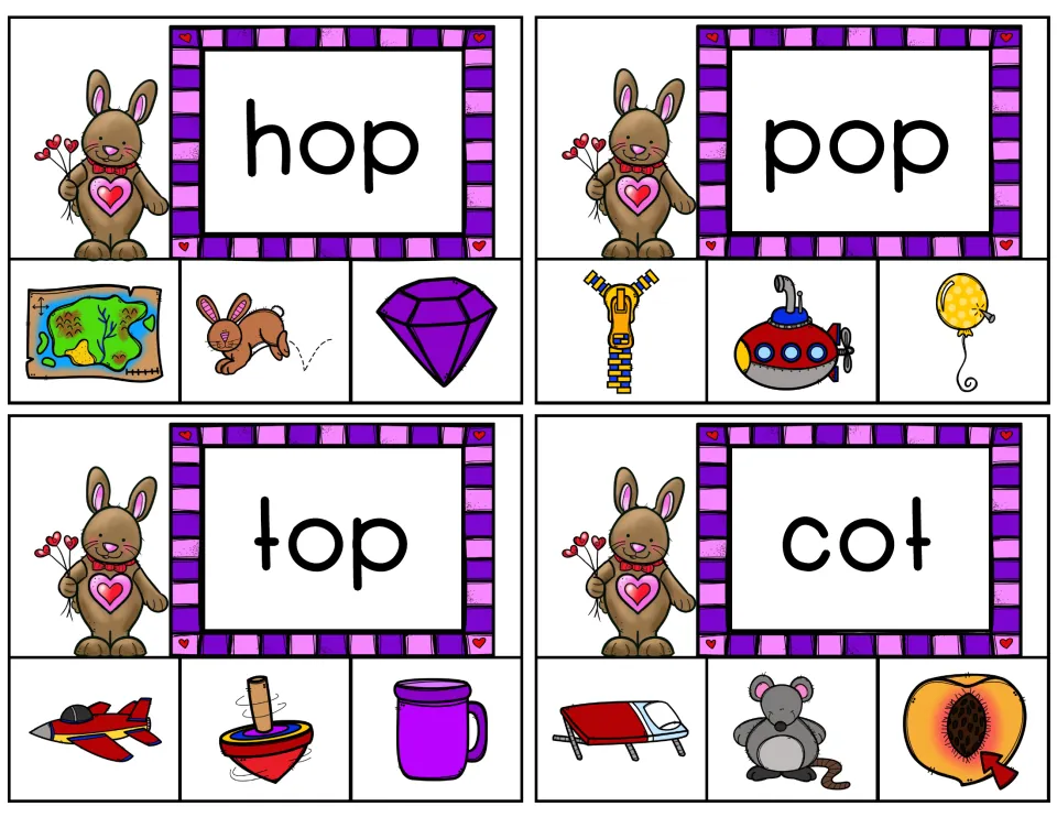 Short-o clip cards 13–16 feature hop, pop, top, and cot, each with three picture choices for word matching
