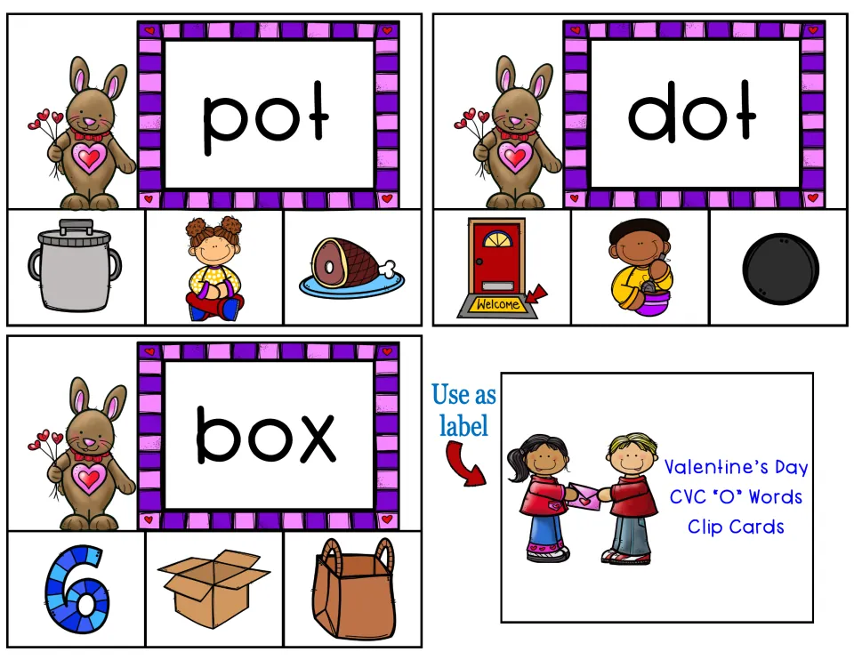 Short-o clip cards 17–19 feature pot, dot, and box with three picture choices each, plus a storage label