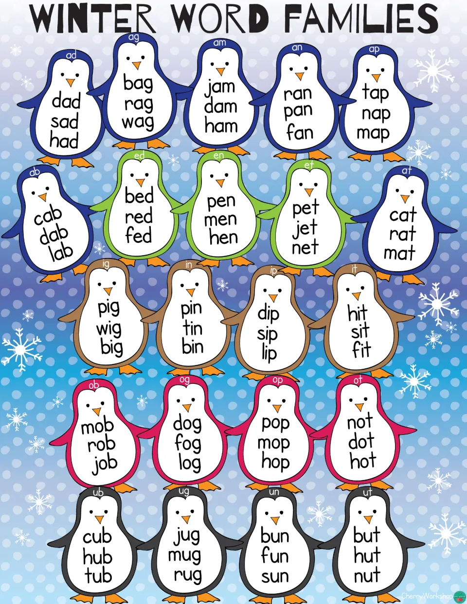 Color Winter Word Families poster: 22 penguins show CVC families from -ad (dad, sad, had) to -ut (but, hut, nut)