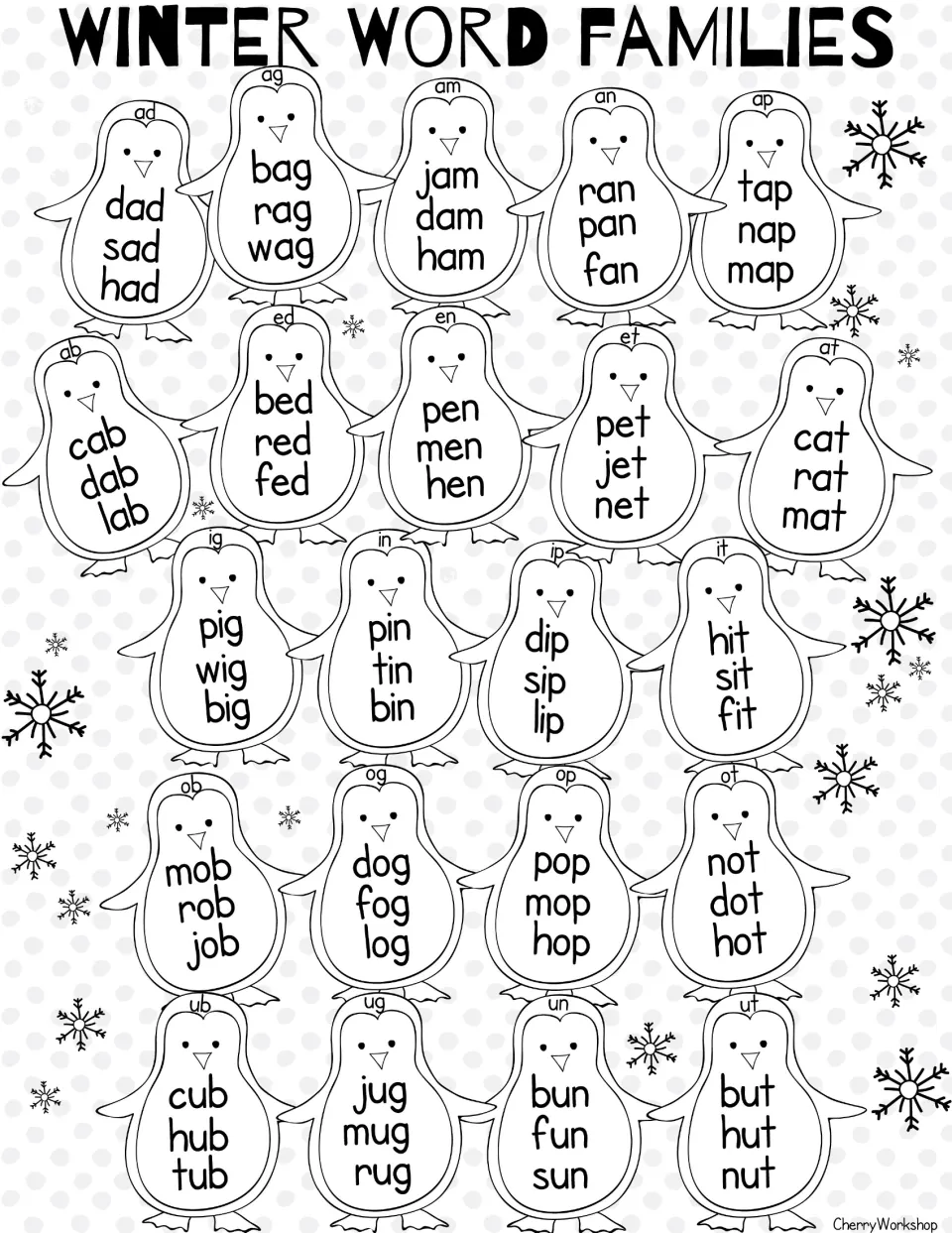 Black-and-white Winter Word Families poster: the same 22 penguin CVC families, -ad, -ag, -am through -un and -ut