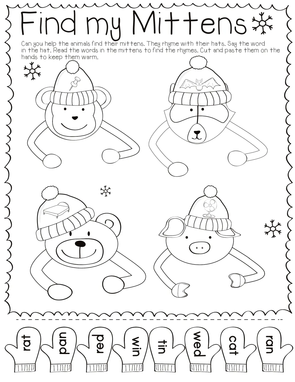 Find my Mittens CVC rhymes: students cut word mittens and paste two on each animal whose hat shows pin, bat, bed or fan
