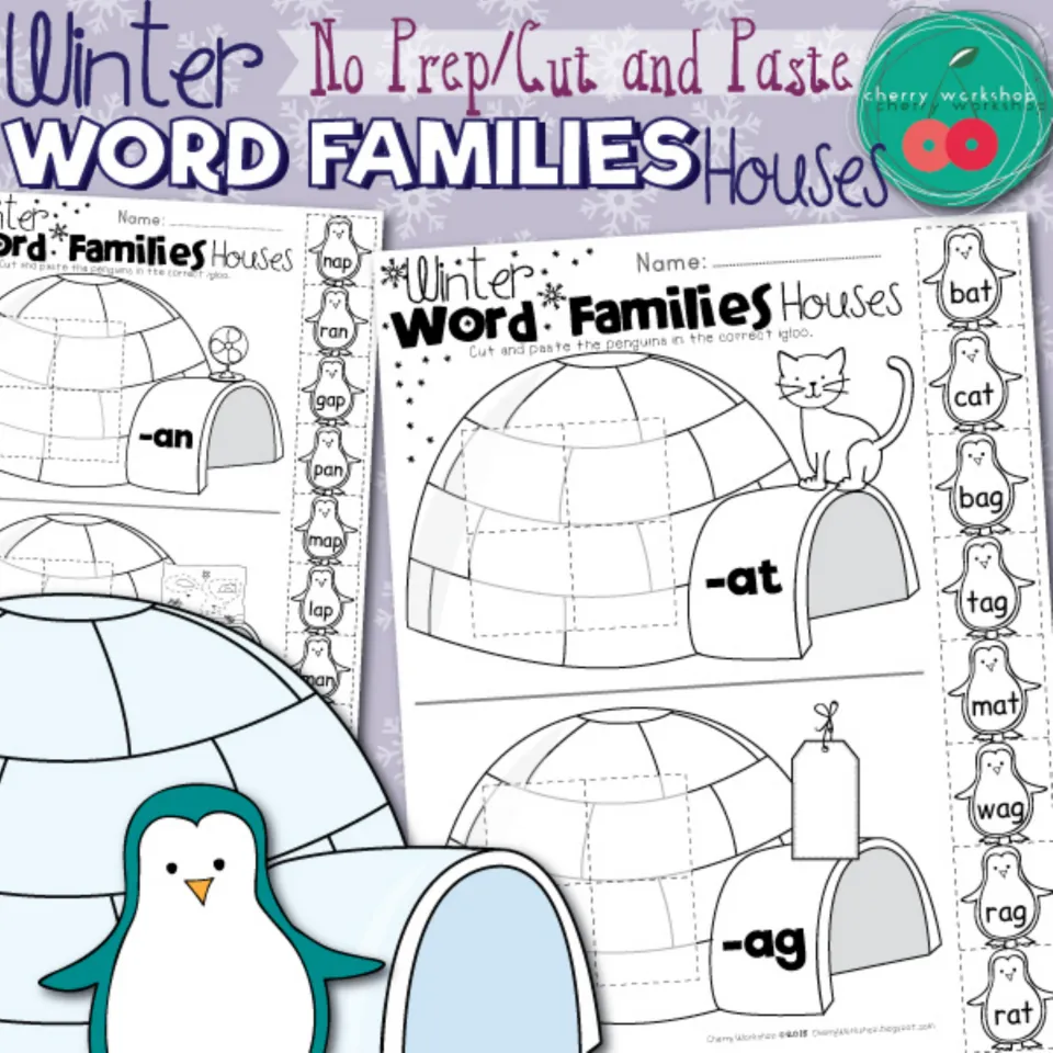 Winter Word Families Houses cover: no-prep cut-and-paste sheets where penguin word cards are sorted into labeled igloos
