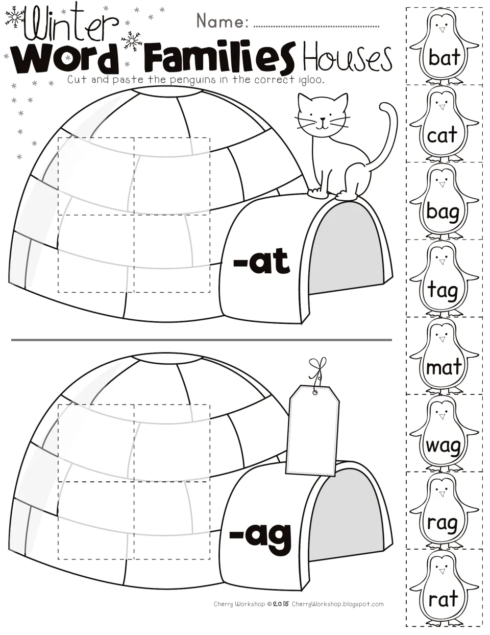 Short a -at and -ag word families: students cut and paste penguins bat, cat, bag, tag, mat, wag, rag, rat into igloos
