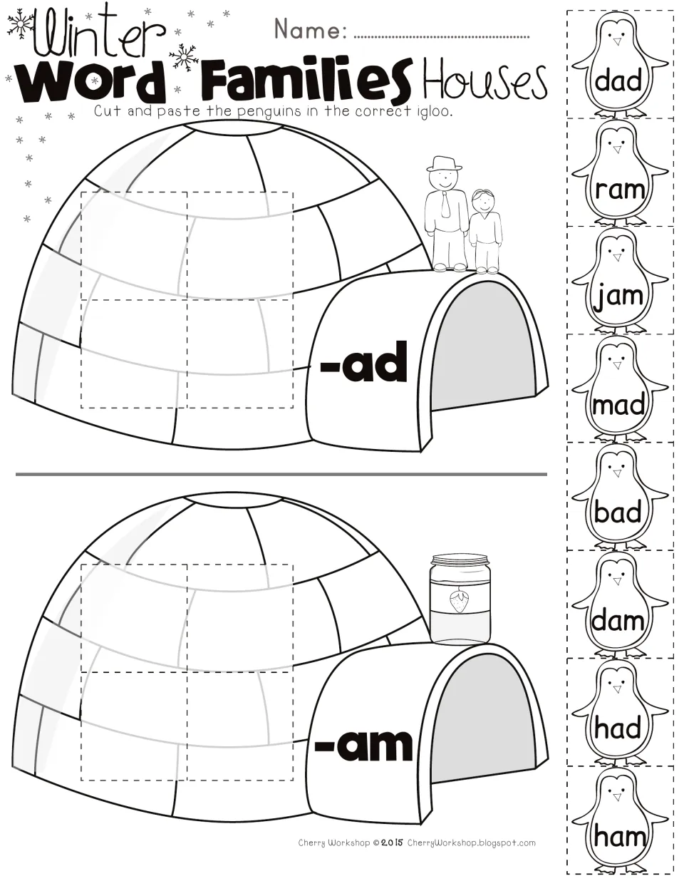 Short a -ad and -am word families: students cut and paste penguins dad, ram, jam, mad, bad, dam, had, ham into igloos