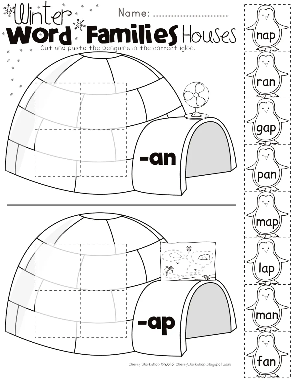 Short a -an and -ap word families: students cut and paste penguins nap, ran, gap, pan, map, lap, man, fan into igloos