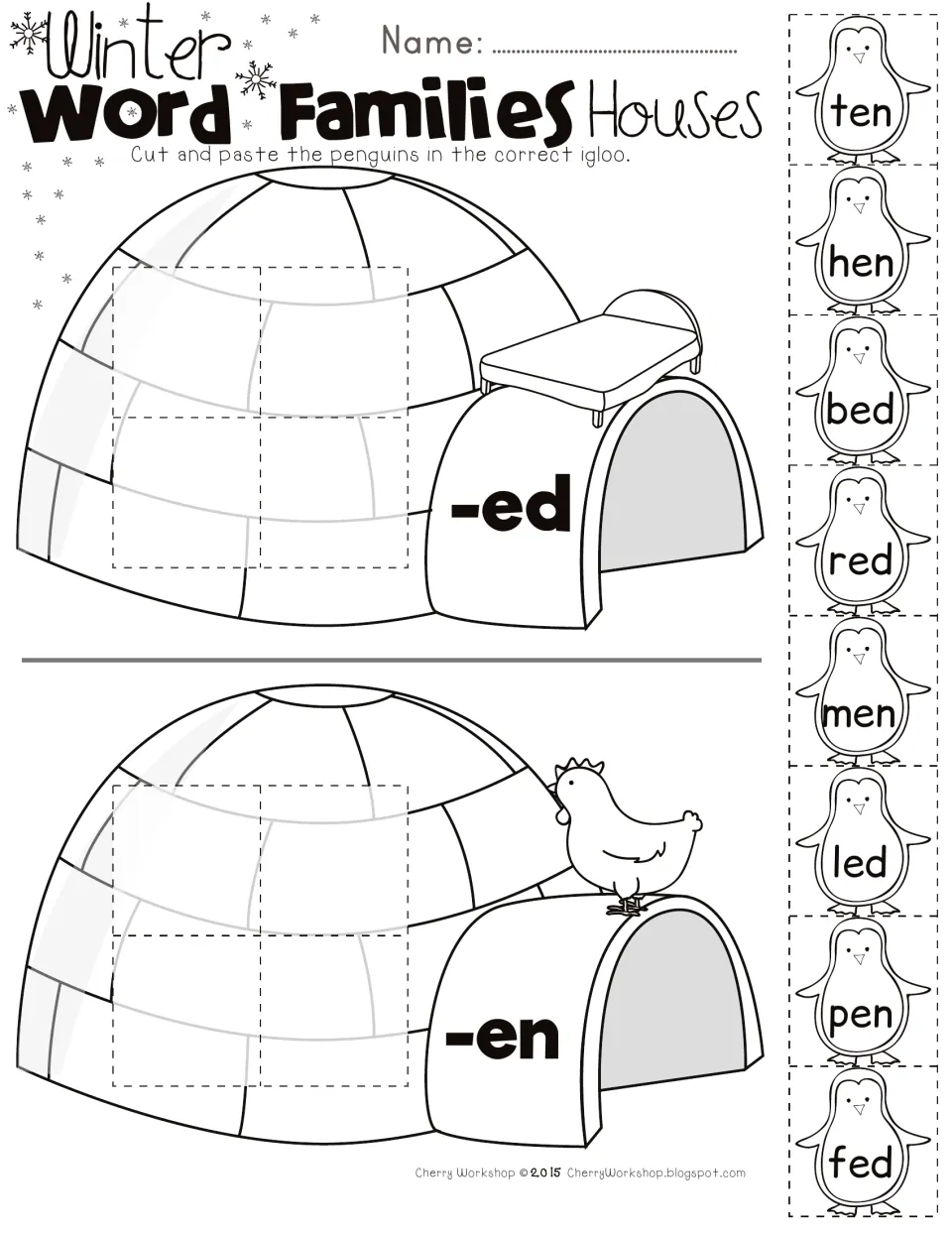 Short e -ed and -en word families: students cut and paste penguins ten, hen, bed, red, men, led, pen, fed into igloos