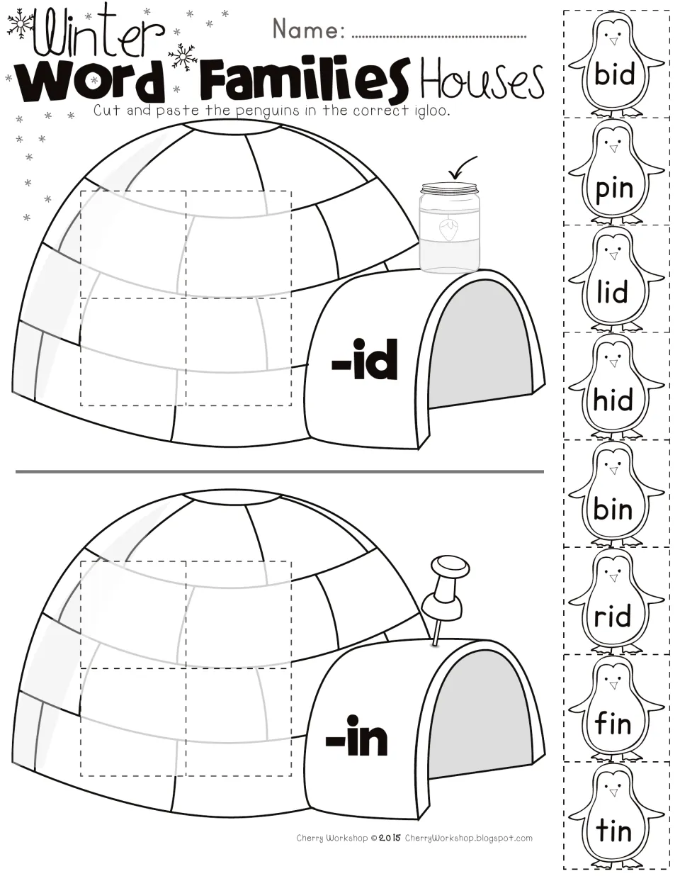 Short i -id and -in word families: students cut and paste penguins bid, pin, lid, hid, bin, rid, fin, tin into igloos