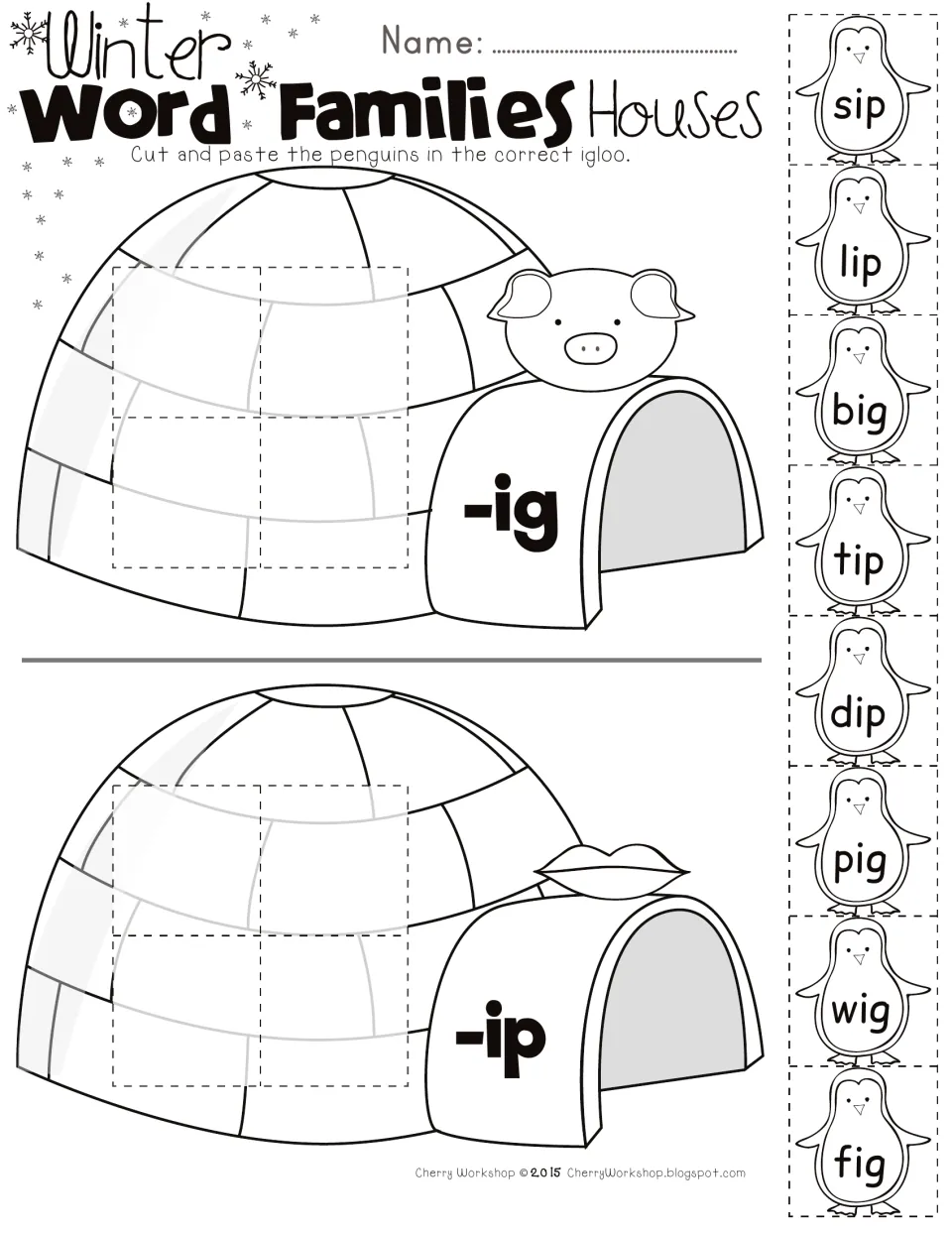 Short i -ig and -ip word families: students cut and paste penguins sip, lip, big, tip, dip, pig, wig, fig into igloos