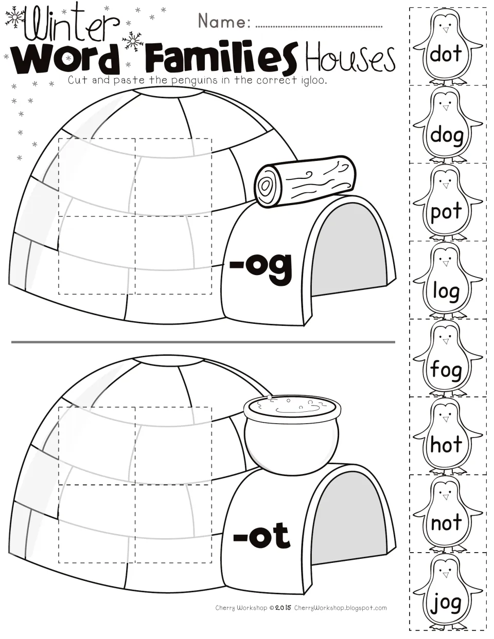 Short o -og and -ot word families: students cut and paste penguins dot, dog, pot, log, fog, hot, not, jog into igloos