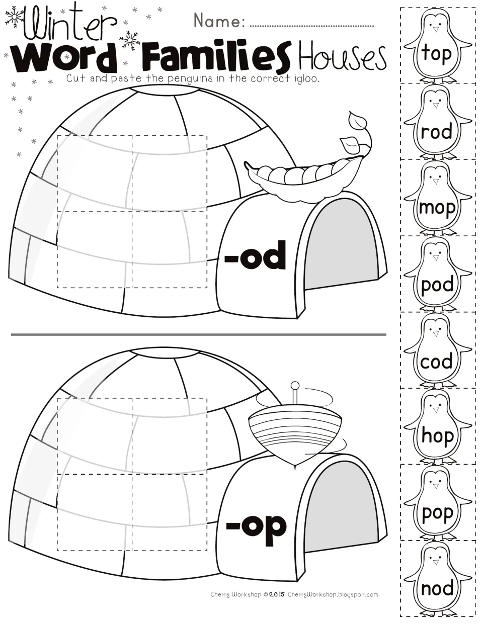 Short o -od and -op word families: students cut and paste penguins top, rod, mop, pod, cod, hop, pop, nod into igloos