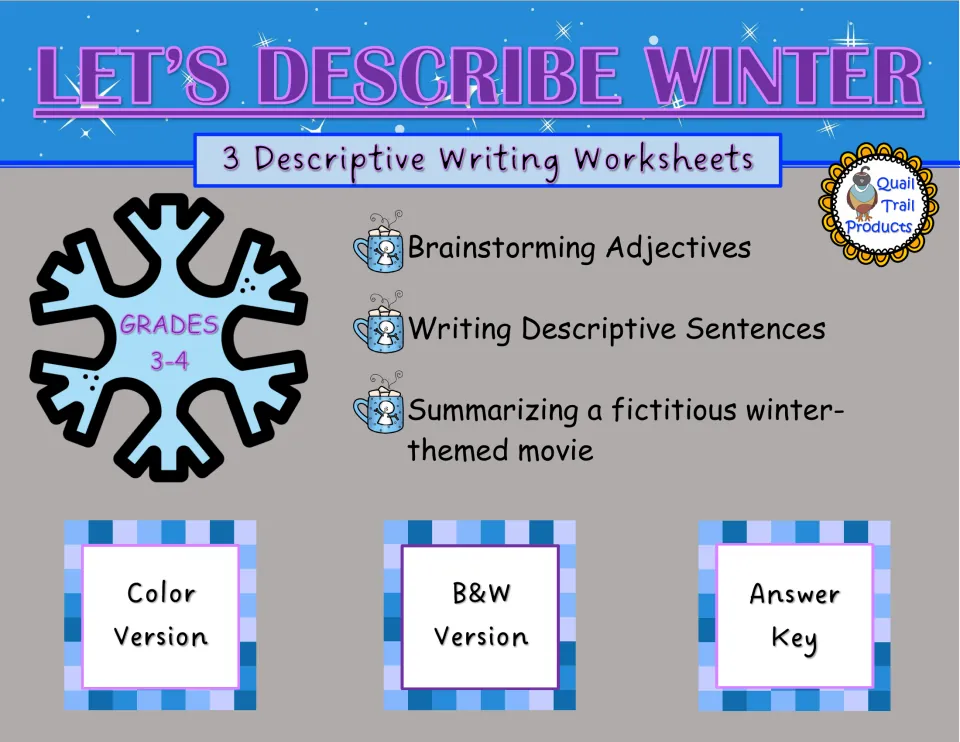 Winter writing resource cover lists adjective brainstorming, descriptive sentences, and a fictional movie summary.