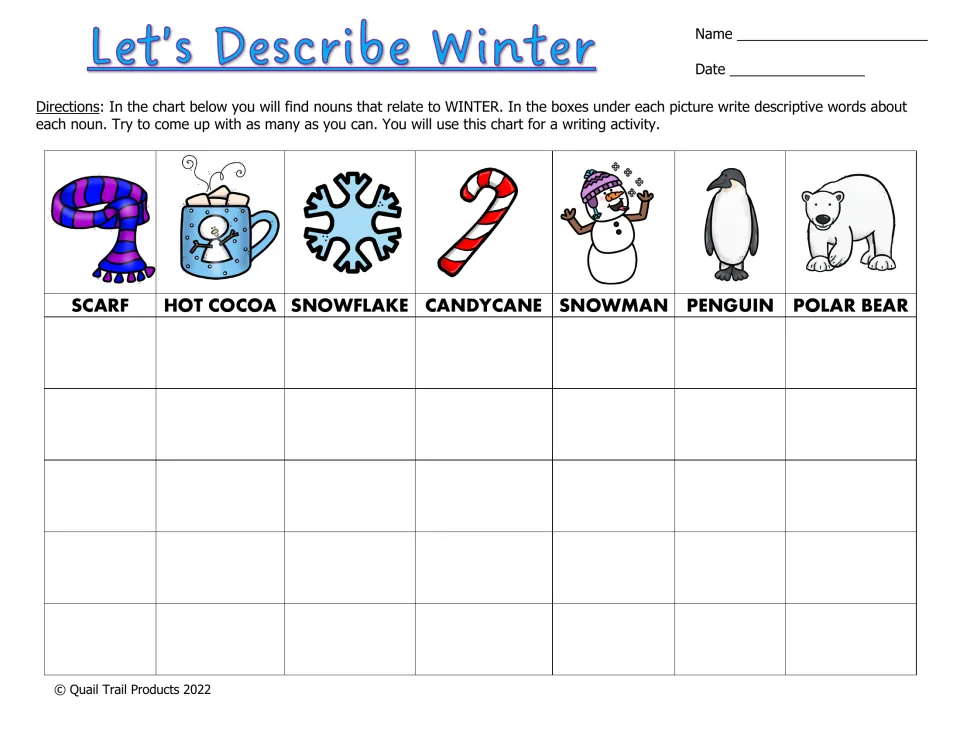 Color adjective brainstorming activity for scarf, hot cocoa, snowflake, candy cane, snowman, penguin, and polar bear.