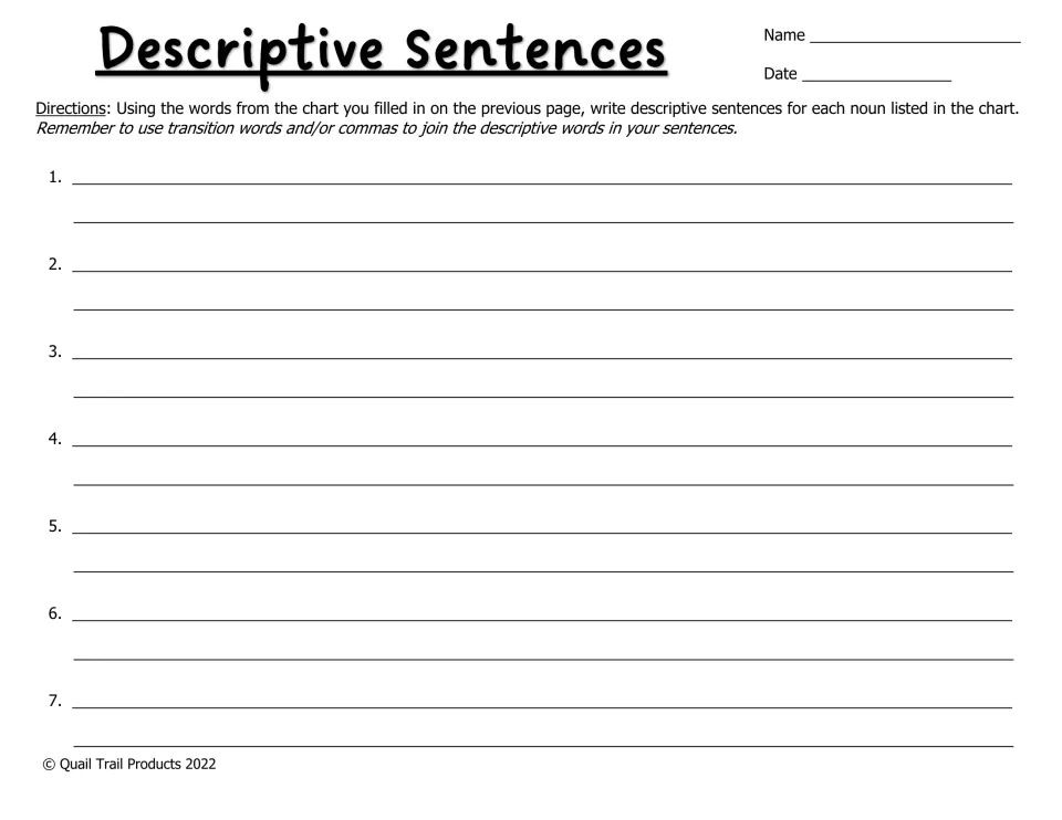 Descriptive sentence activity asks for seven sentences using brainstormed words, plus transition words or commas.