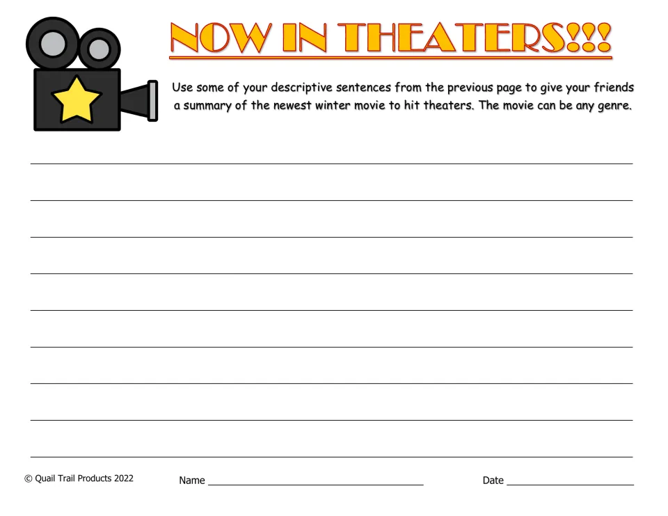 Winter movie summary activity asks writers to reuse descriptive sentences for a fictional movie in any genre.