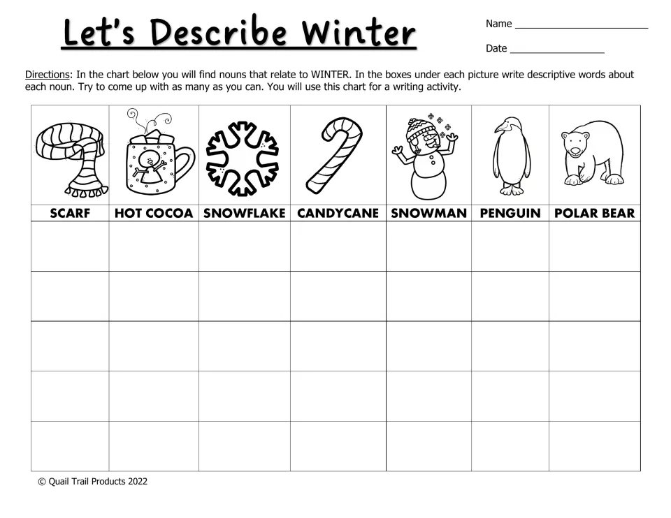 Black-and-white adjective activity covers scarf, hot cocoa, snowflake, candy cane, snowman, penguin, and polar bear.