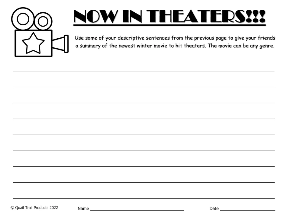 Black-and-white winter movie summary activity asks writers to use earlier descriptive sentences for any genre.