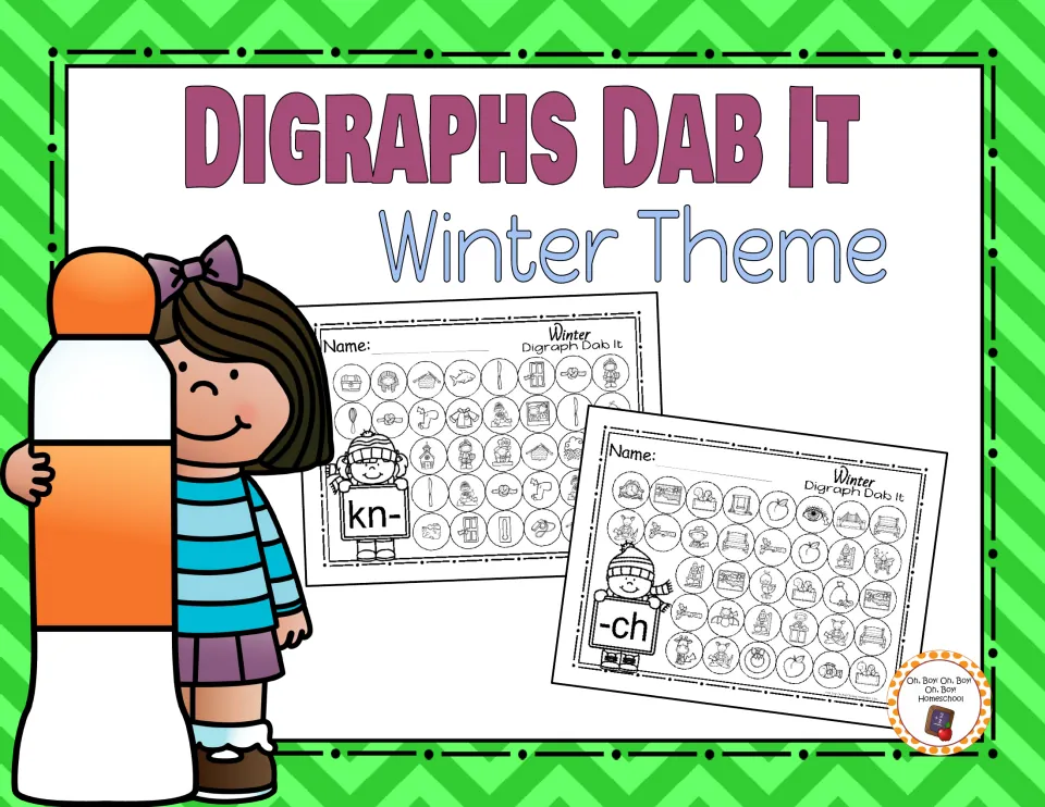 Digraphs Dab It, Winter Theme cover showing sample kn- and -ch dab it pages filled with picture circles