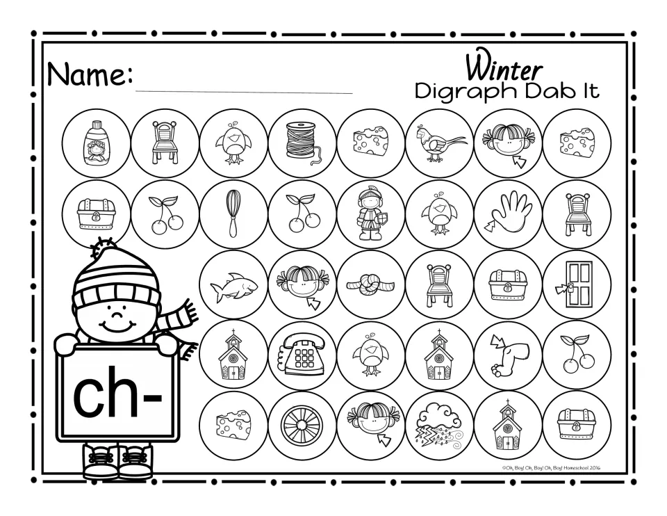 Beginning digraph ch- dab it page: 34 picture circles, including chair, cherries, chick, cheese and church