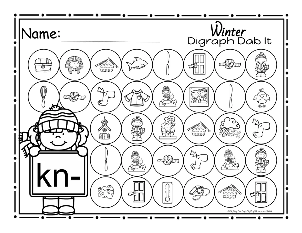 Beginning digraph kn- dab it page: 34 picture circles, including knife, knot, knee, knight and knob