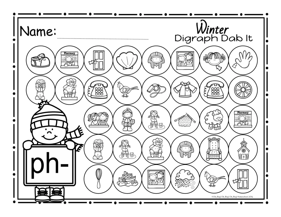 Beginning digraph ph- dab it page: 34 picture circles, including phone, pheasant, photograph and pharmacy