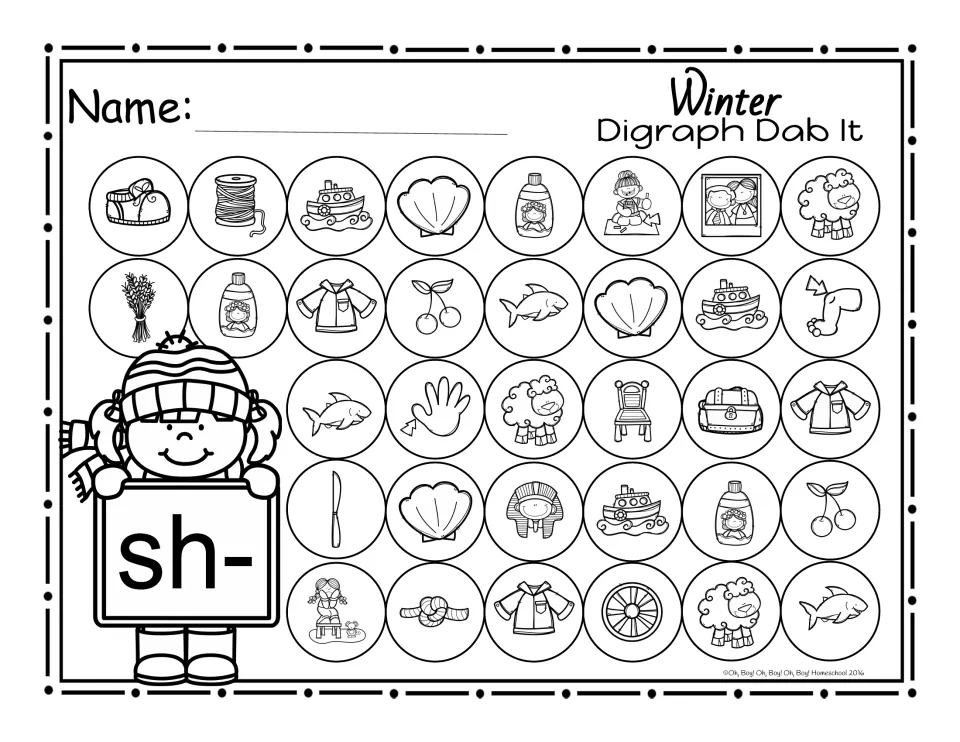 Beginning digraph sh- dab it page: 34 picture circles, including shoe, ship, shell, sheep and shark