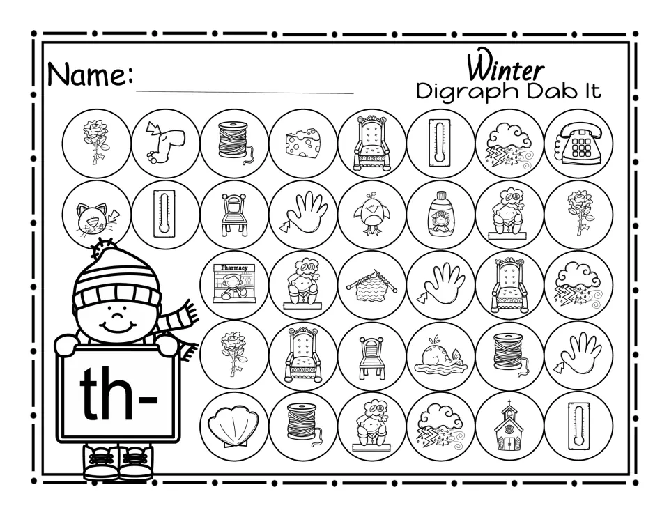 Beginning digraph th- dab it page: 34 picture circles, including thorn, thread, throne, thumb and thermometer