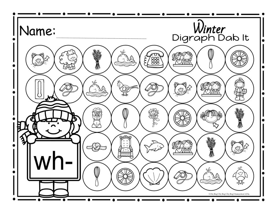 Beginning digraph wh- dab it page: 34 picture circles, including whale, whisk, wheel, wheat and whistle