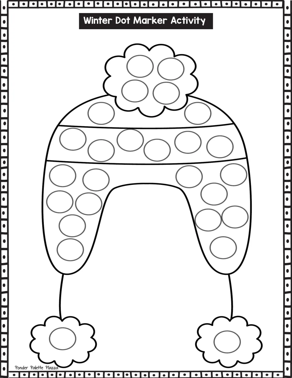 Earflap winter hat dot art: students stamp a dot marker into each circle on the hat, its stripe band and three pom-poms