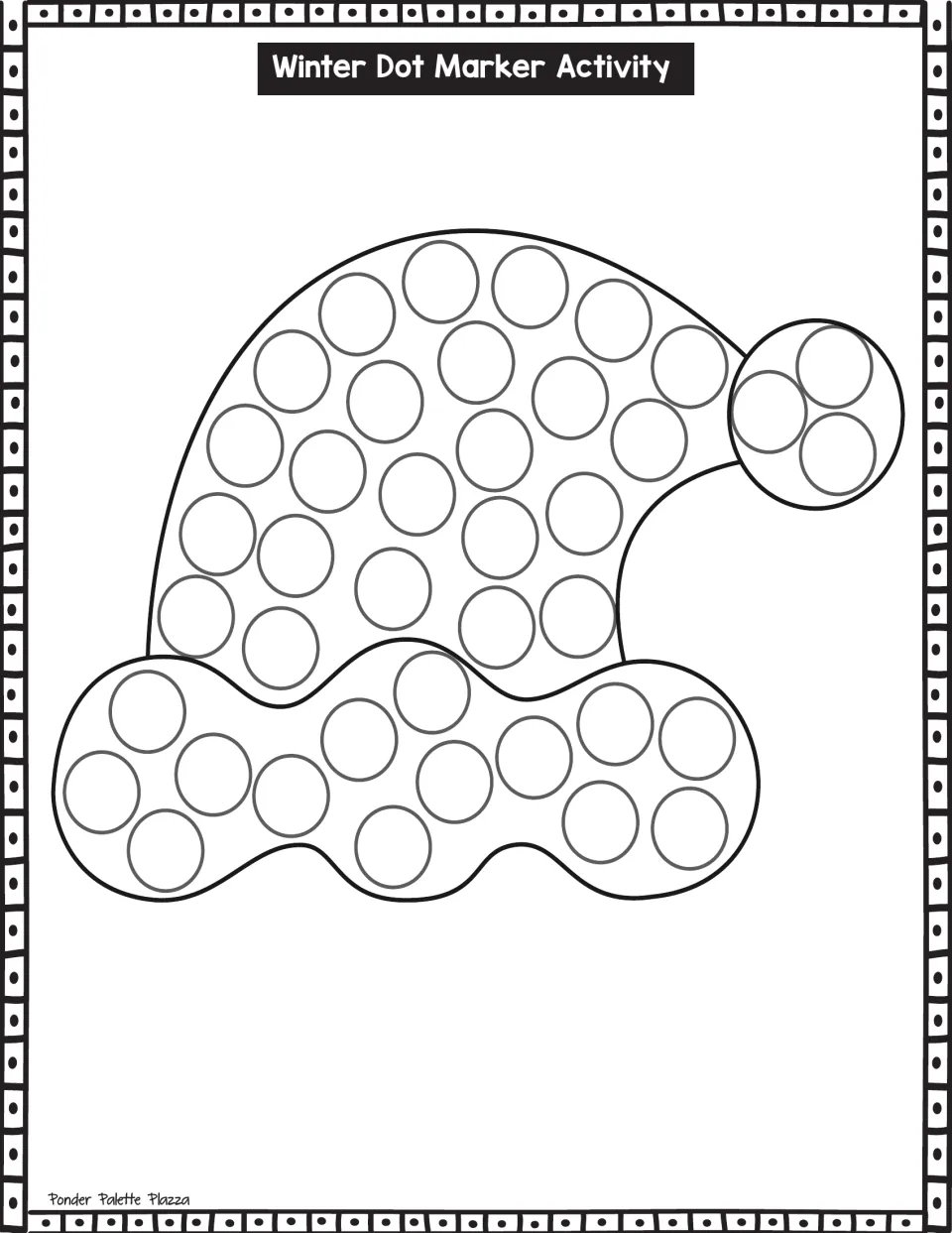 Santa hat dot art: children dab a marker dot into every circle across the hat, its wavy fur brim and the round pom-pom tip