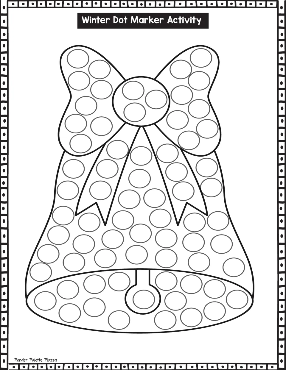 Holiday bell tied with a large bow: children press a dot into each circle on the bow loops, ribbon tails and bell body