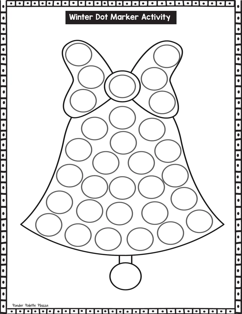 Small bell with a bow and round clapper: students dab one dot per circle on the bow loops, bow center and bell body