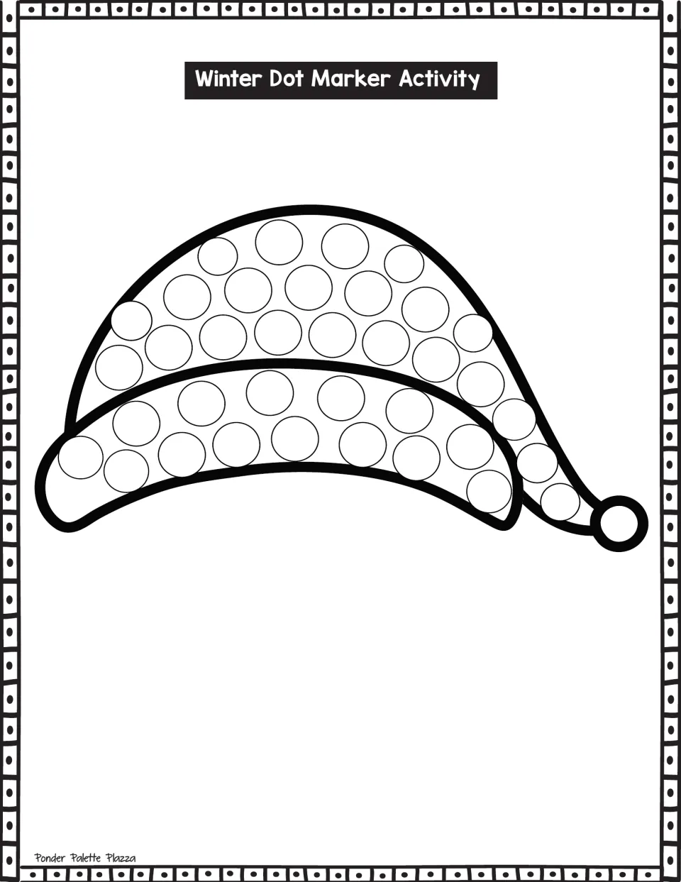 Floppy Santa-style hat with thick outline: children fill the circles on the crown, brim and drooping tip with marker dots