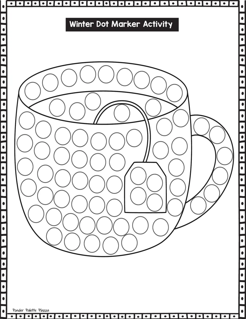 Mug of tea with a tea bag: students stamp dots in the circles on the rim, handle, tea bag tag and the body of the mug